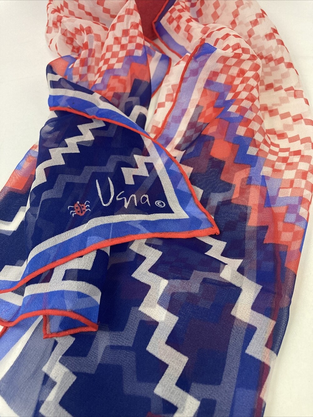 VTG Vera Neumann Ladybug Sheer Scarf Red White Blue Geometric Patriotic Zig Zag
